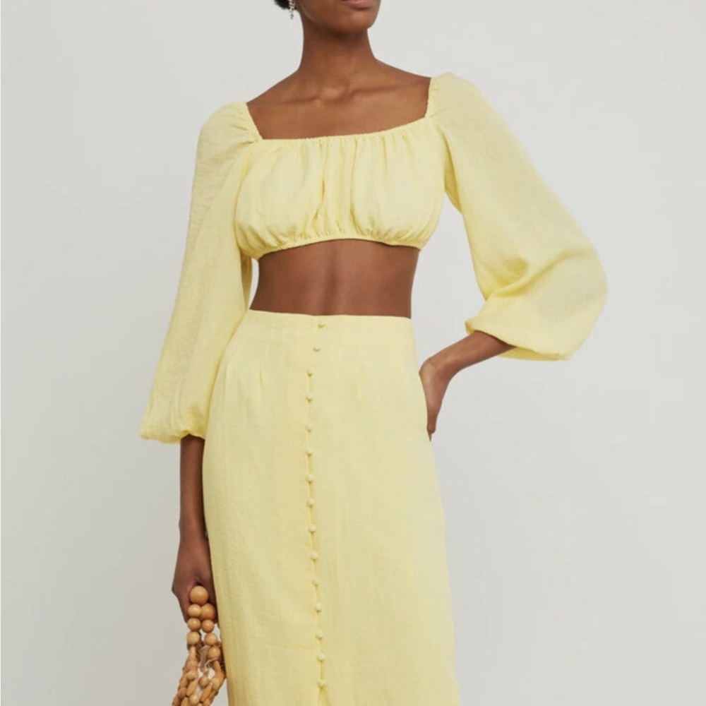 KOURT Revolve Enza Yellow Off Shoulder Puff Long Sleeve Super Crop Top Medium